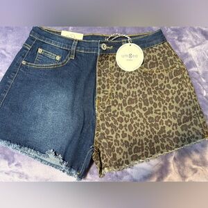 Umgee Denim Leopard Print Patchwork Cutoff Shorts Size 5 Women’s Raw Hem